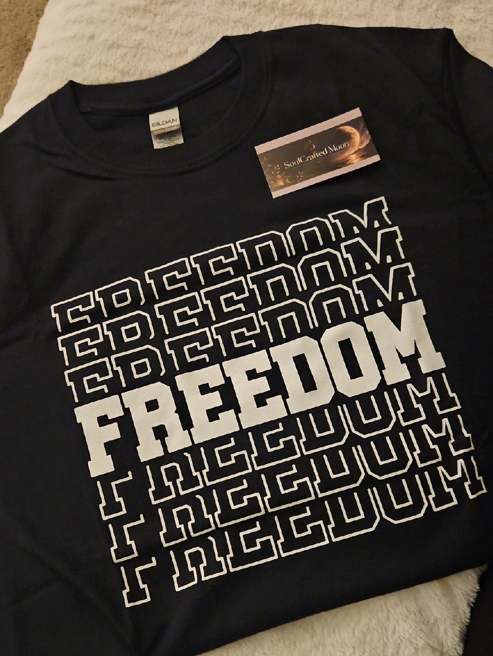 Gildan Black Tee with White 'FREEDOM' Repeat Graphic